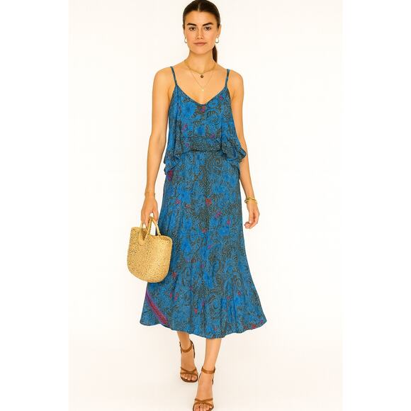 Perry Walker Silk Blend Maxi Slip Dress Blue Floral Ruffle Boho Size 3 Medium - Picture 1 of 9